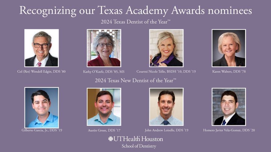 Graphic recognizing Texas Academy Awards nominees from UTHealth Houston School of Dentistry. Purple background with headline text, two rows of four headshots with names and class years, and the school logo and name centered at the bottom.